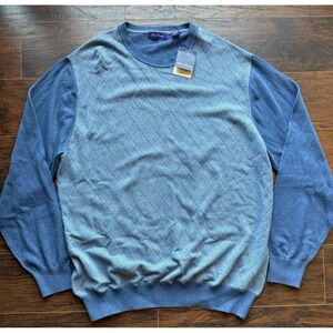 Alan Flusser Sweater Men XL Blue Diamond Knit Crewneck Golf Tennis Colorblock